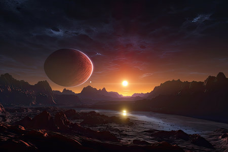 distant exoplanet, with view of nearby star and its planets visible in the sky, created with generative aiの素材