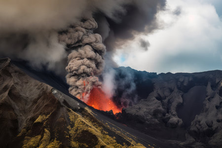 volcanic eruption, with lava flow racing down the side of the mountain and into valley below, created with generative aiの素材