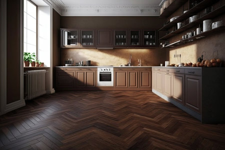dark brown hairline on parquet wooden floor with kitchen, created with generative aiの素材