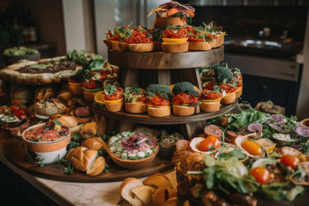brushetta tower, with different types of bruschetta displayed in an organized way, created with generative aiの素材