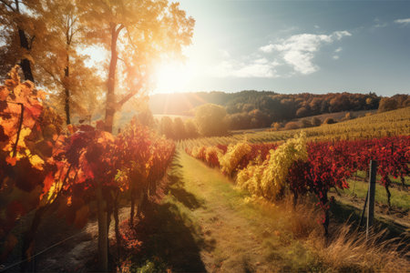 vineyard surrounded by colorful autumn foliage, with sun shining through, created with generative aiの素材