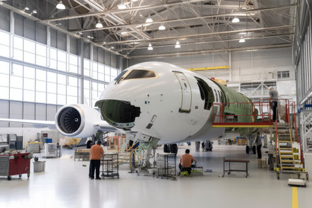 aviation company, with team of engineers and designers working on next-generation aircraft, created with generative aiの素材