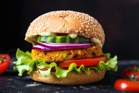 juicy and flavorful vegan burger with fresh veggies and homemade sauce, created with generative aiの素材