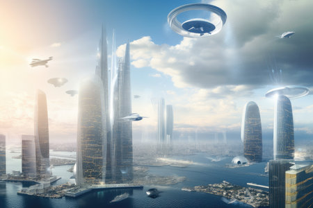 dreamlike vision of a futuristic city with sleek architecture, flying cars, and advanced technology, created with generative aiの素材
