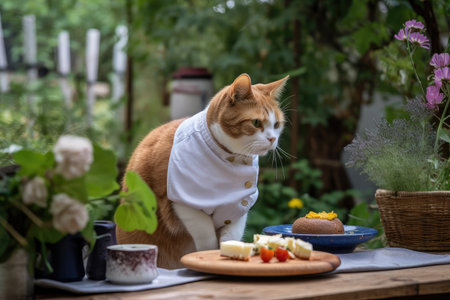 cat chef, cooking up tasty treat with ingredients from garden, in serene and natural setting, created with generative aiの素材