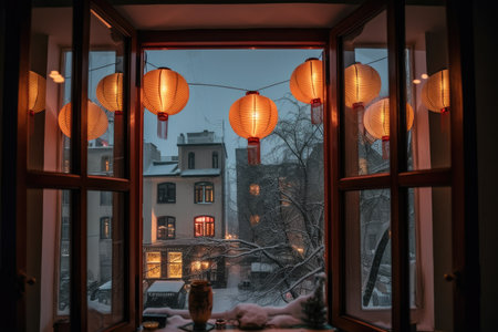 a winter scene, with a view of the snow-covered street and lanterns glowing from the window, created with generative aiの素材
