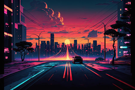 neon night city crossing with dramatic sunset in the background, created with generative aiの素材