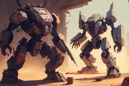 they are preparing to battle, with each robot loading its weapon and preparing for fight, created with generative aiの素材