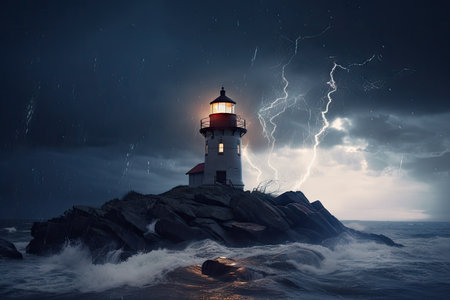 lighthouse on a stormy night, with lightning strikes and rolling thunder, created with generative aiの素材
