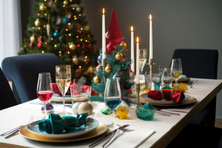 a festive table, with a christmas tree in the background and colorful ornaments decorating the tabletop, created with generative aiの素材