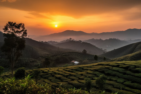 majestic sunset over mountains, with tea plantation in the background, created with generative aiの素材