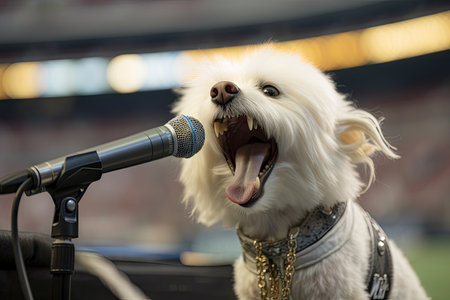 rock star canine performing in packed stadium, thousands of fans cheering, created with generative aiの素材