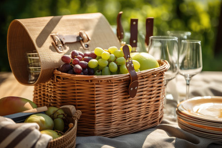 summer picnic basket filled with picnic essentials, including plates, wine glasses and utensils, created with generative aiの素材