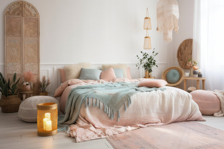 boho-chic bedroom with plush blankets and pillows in pastel colors, created with generative aiの素材