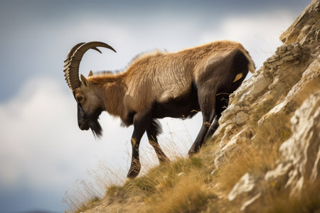 male ibex standing on steep cliffside, with the wind blowing through its fur, created with generative aiの素材