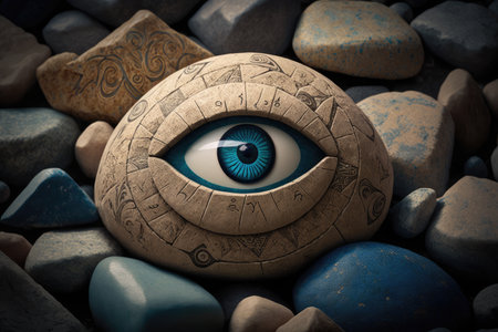 large, round stone with evil eye symbol on it, surrounded by other stones, created with generative aiの素材