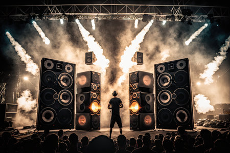large-scale sound system with multiple speakers and lights at a concert or music festival, created with generative aiの素材