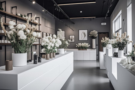 modern flower shop, with minimalist interior and sleek design, created with generative aiの素材