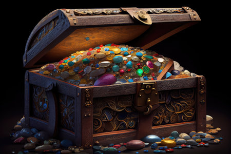 treasure chest overflowing with gemstones, gold coins and other riches, created with generative aiの素材