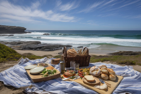 summer picnic with view of the beach, waves crashing in the background, created with generative aiの素材