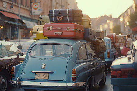 slow motion shot of suitcases falling off car roof onto busy street, created with generative aiの素材