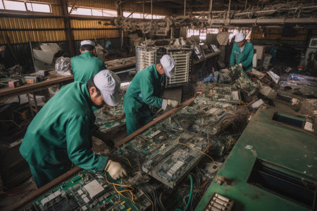 e-waste recycling plant, with teams of workers sorting and repairing used technology, created with generative aiの素材