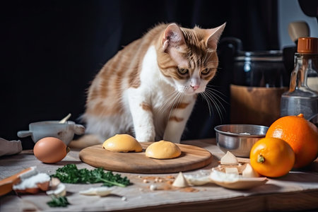 cat chef making fluffy omelet with fresh ingredients and spices, created with generative aiの素材