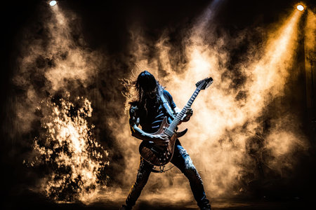 heavy metal guitarist, performing solo on stage, with smoke and lights creating dramatic atmosphere, created with generative aiの素材
