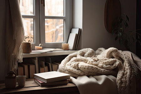 cozy reading nook with soft blankets and books, on a cold winter day, created with generative aiの素材