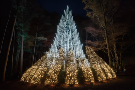 a magical, light-filled forest with a towering christmas tree at its center, created with generative aiの素材