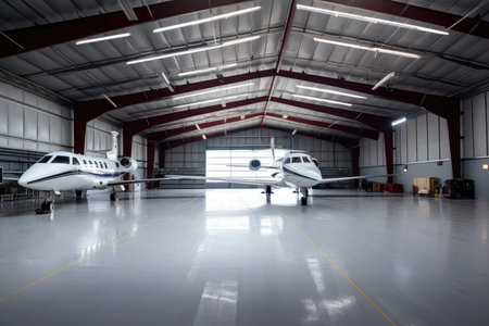 modern hangar with state-of-the-art aircraft, engines, and technology, created with generative aiの素材