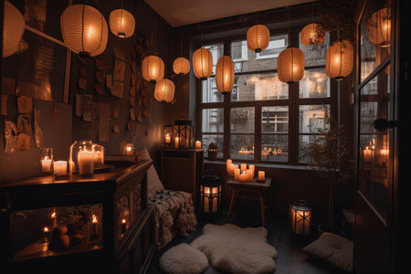 a warm, cozy room lit by lanterns and candles, created with generative aiの素材