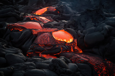 close-up of lava flowing from the vent and pooling on the ground, created with generative aiの素材