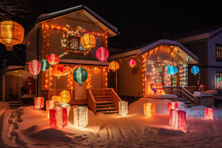 a house with limitless lanterns and lights, bringing a festive spirit to the cold winter night, created with generative aiの素材