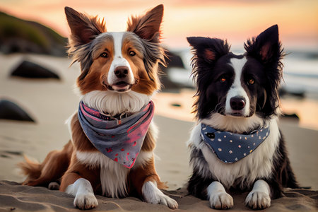two dogs wearing matching bandanas and sitting together on the beach, created with generative aiの素材