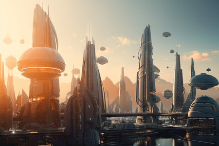 a futuristic city, with towering skyscrapers and advanced technologies, created with generative aiの素材