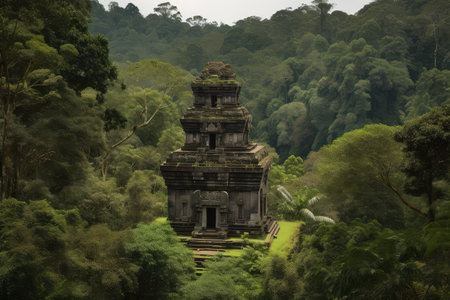 ancient temple surrounded by lush greenery, with glimpses of the surrounding landscape visible, created with generative aiの素材