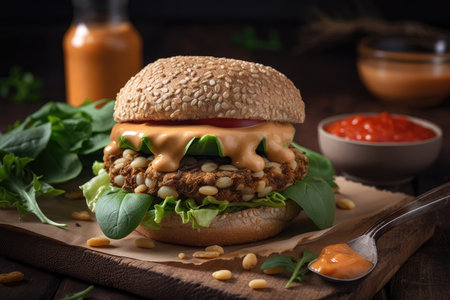 veggie burger on whole-grain bun with lettuce, tomato, and macadamia nut sauce, created with generative aiの素材