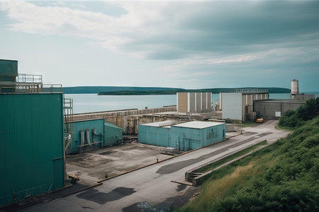 extraction and processing plant on the waterfront, with view of open sea, created with generative aiの素材