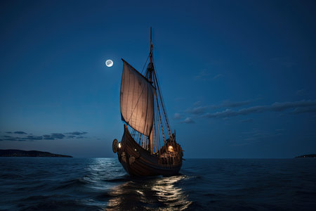 viking ship sailing in the calm waters, with a clear sky and full moon above, created with generative aiの素材