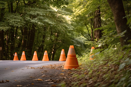 traffic cones in a beautiful natural setting, surrounded by trees and greenery, created with generative aiの素材