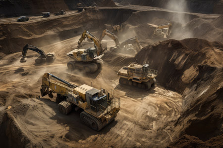 mining and processing operation, with excavators and other heavy equipment moving raw materials, created with generative aiの素材