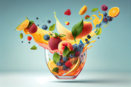 fruit cocktail with a variety of summer fruits, flying or floating in the air, created with generative aiの素材