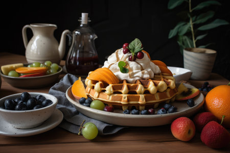 sweet and savory vegan waffles, topped with fresh fruit, maple syrup, and whipped cream, created with generative aiの素材