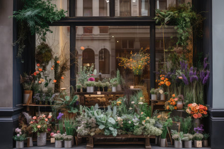 window display with a variety of flowers and plants, bringing beauty to the streets, created with generative aiの素材