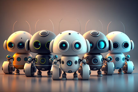 row of cute robots, each with its own unique personality and features, assisting humans in various workplaces, created with generative aiの素材