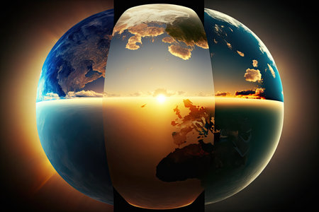 a panoramic view of a sunrise over the earth, with the sun illuminating different parts of the globe at different times., created with generative aiの素材