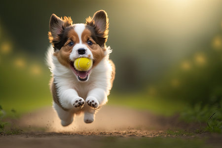cute puppy playing with ball in park, running and jumping for fun, created with generative aiの素材
