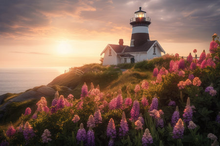 lighthouse surrounded by blooming flowers, symbolizing new life, created with generative aiの素材
