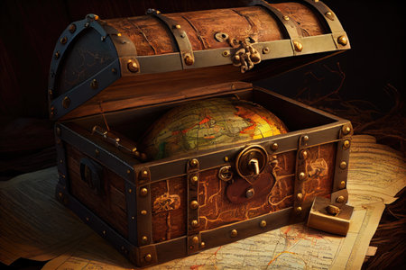 treasure chest, with a map and compass tucked inside, created with generative aiの素材